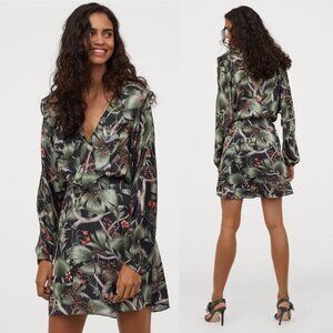 Johanna Ortiz Patterned Dress Flounce Hem Green Size XS H&M Collab Rare Bohemian